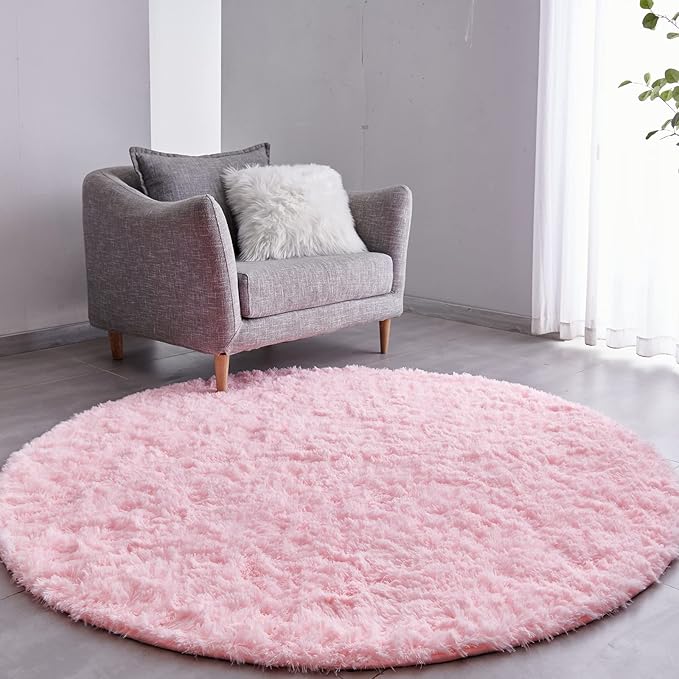 FJZFING Pink Round Rug Ultra-Soft Plush Modern 5x5 Circle Area Rug for Kid's Bedroom, Fluffy Shag Circular Rug for Nursery Room, Non-Slip Home Decor Cute Pink Carpet for Teen's Room
