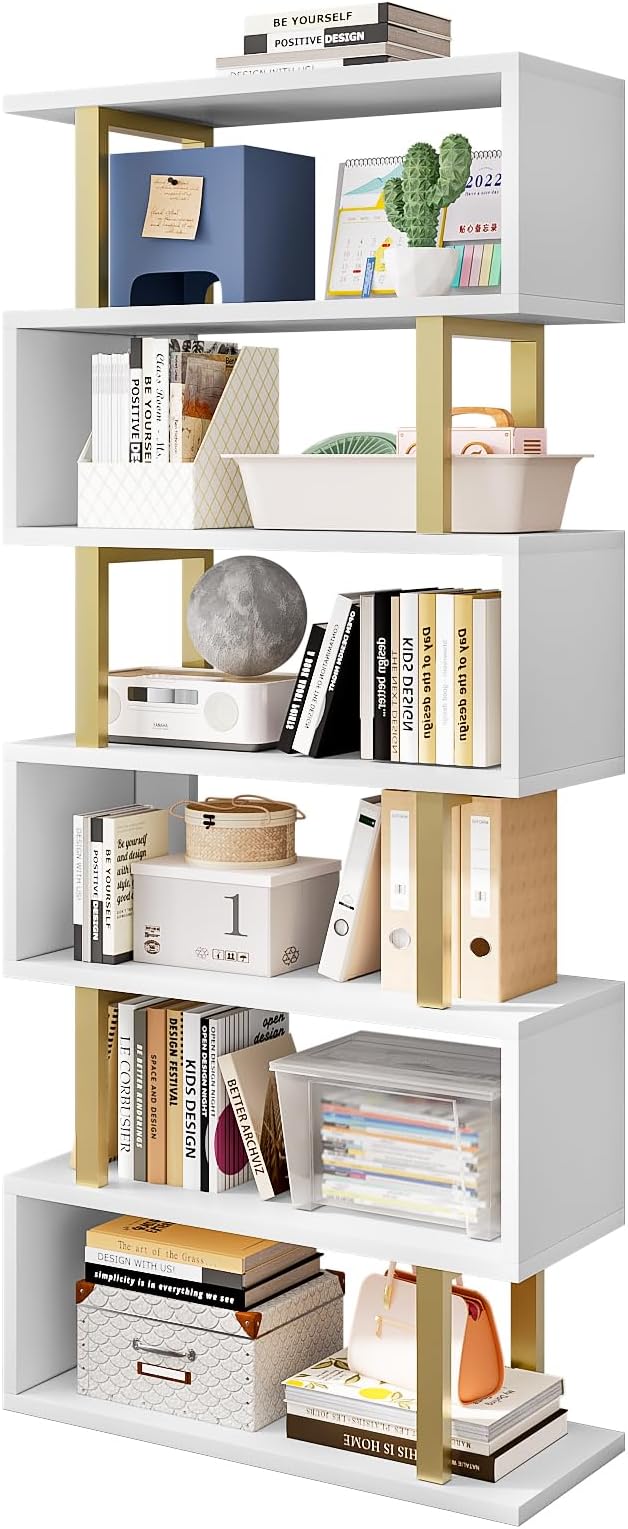 SORCEDAS Bookshelf Geometric Bookcase S Shaped Industrial Bookshelf Storage Display Stand Shelf for Living Room Bedroom and Office Room (White, 6 Tier)