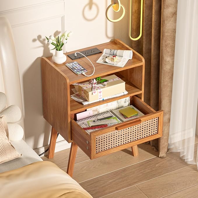 Lerliuo Rattan Nightstands Set of 2 with Charging Station, Side Table with Drawer, Cane Accent Bedside End Table with Solid Wood Legs, Night Stand for Bedroom, Dorm and Small Spaces (Tea Brown)