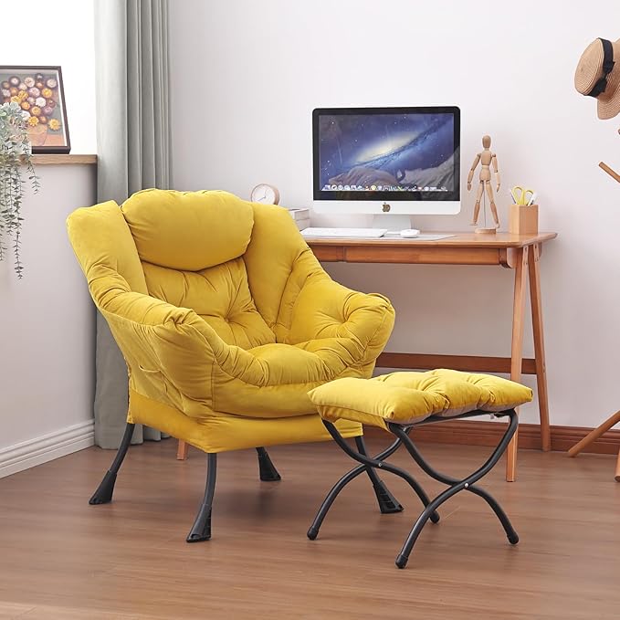 Lazy Chair and Ottoman, Large Accent Lounge Chair with Armrests and a Side Pocket, Modern Leisure Upholstered Sofa Reading Armchair with Footrest for Bedroom, Living Room, Dorm Rooms, Office