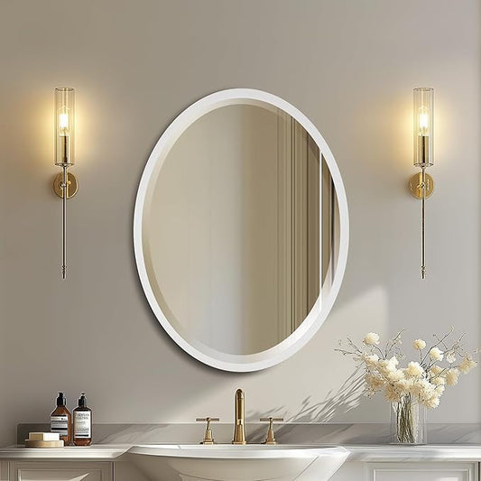 OVALCREST - Oval Wooden Beveled Wall Mirror for Home Decor, Bathroom, Vanity, Bedroom, Living Room, Hallway - London Style (Linen White) 19.1 x 25.1