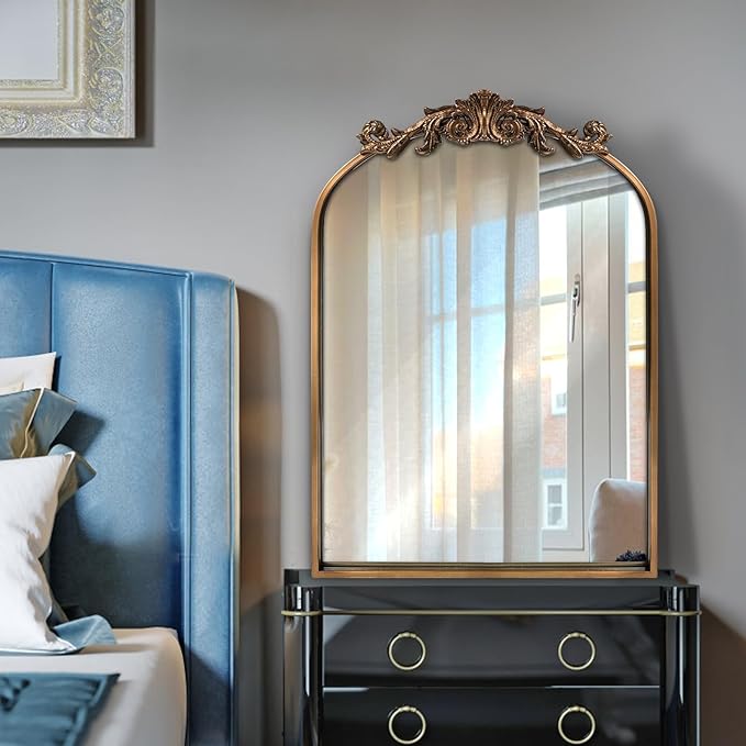 WAMIRRO Antique Mirror,Gold Traditional Vintage Ornate Baroque Arched Brass Wall Mounted Mirrors for Entryway/Fireplace/Living Room/Hallway/Bathroom 19"X27"