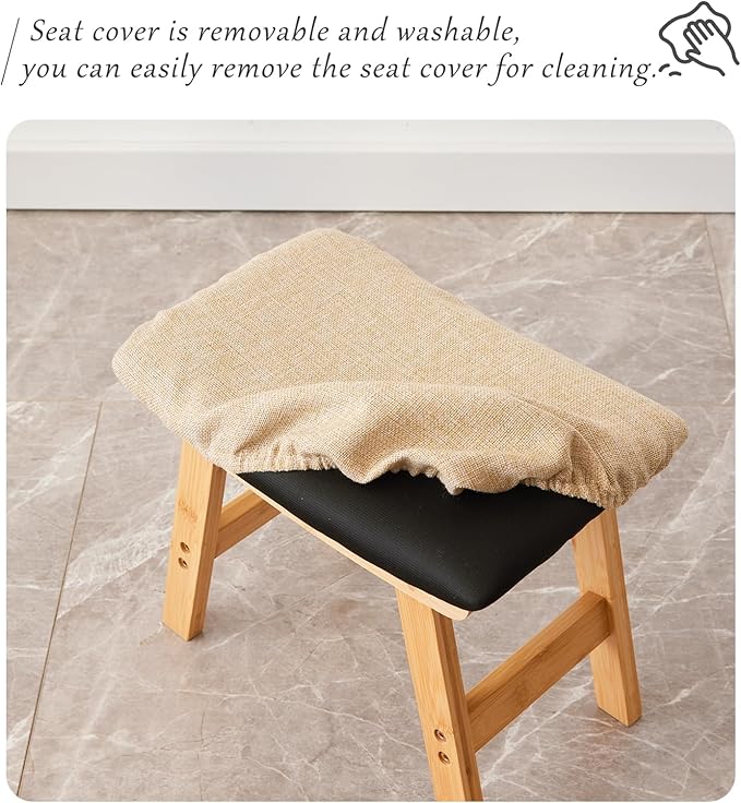 Foot Stool,Ottoman,Bamboo Small Sofa Foot Rest Under Desk,Extra Seating for Living Room, Bedroom and Kitchen (Natural Stool Legs - Beige Surface)
