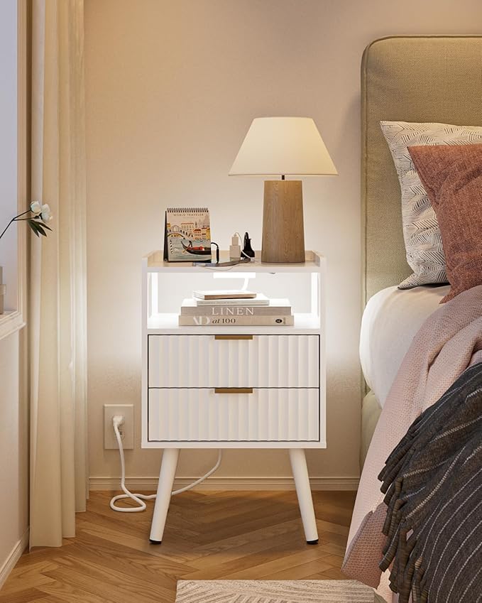Nightstand with Charging Station and LED Lights,Modern Bedside Table with 2Drawer and Open Shelf,White Night Stand with Solid Wood Legs,End Table for Living Room、Bedroom and Small Spaces