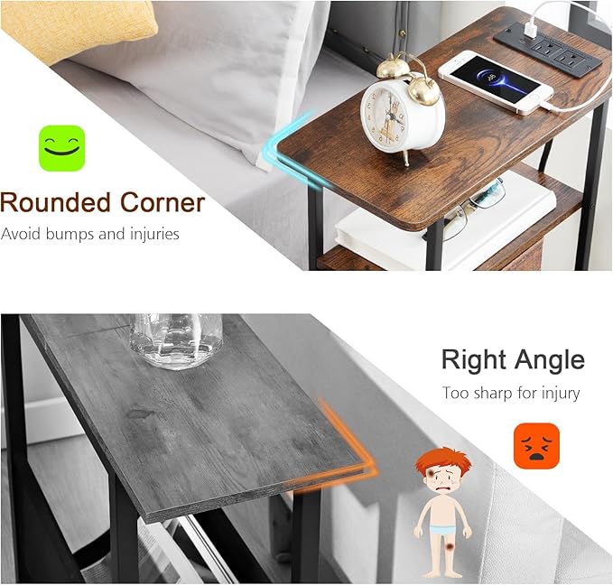 Narrow End Table Living Room with Charging Station, Skinny Side Table with Fabric Drawers, Slim Nightstand for Bedroom, Small Spaces, Couch, Rustic Brown, HETNDP03PBR-1