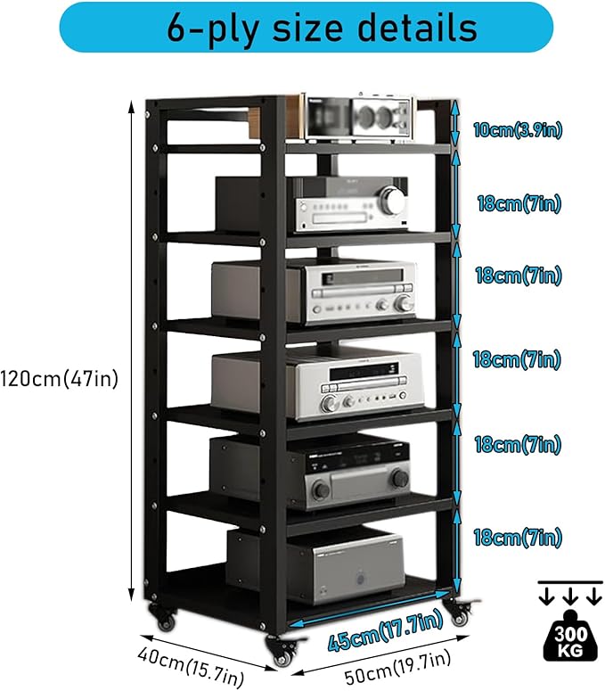 6 Tier Audio Rack Tower, CD Record Player Stereo Receiver AV Equipment Cabinet Display Rack, Weight Capacity 661 lbs, with Adjustable Wooden Shelves for Home (BIACK, 6 Tier 47×19.7×15.7IN)