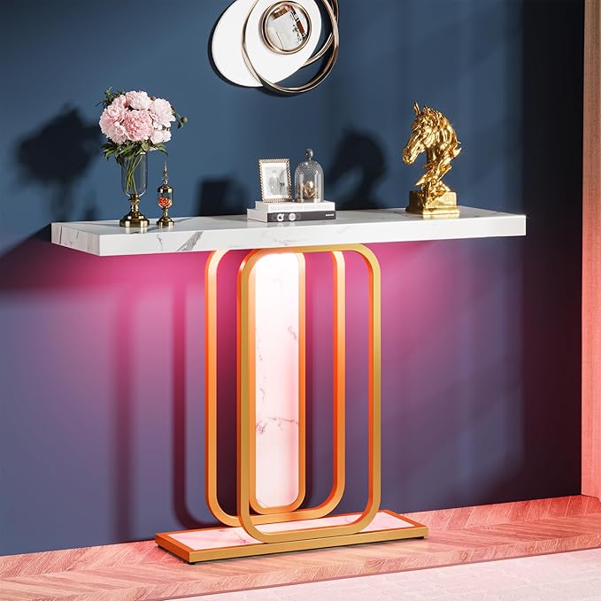 LITTLE TREE Modern Entryway Console Table with LED Lights, White and Gold