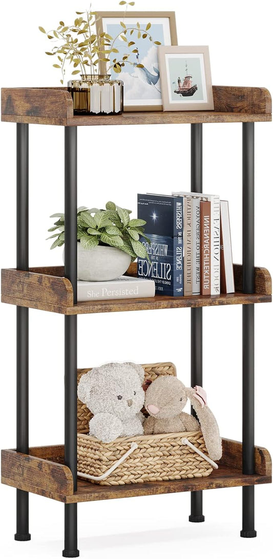 Hosfais Bookshelf Small Book Shelf, 3 Tier Wood Bookcase Industrial Bookshelf Metal Standing Book Shelves Display Book Rack for Living Room Bedroom Home Office (Rustic Brown)