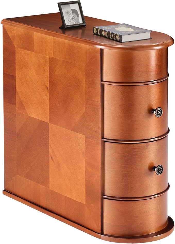 Sweetcrispy Side End Table with 2 Drawers, Tall Nightstand Vintage Bedside Tables No Assembly Night Stand with Curved Edge Storage Space Wood Sofa Slim Organizer for Living Room, Bedroom, Brown