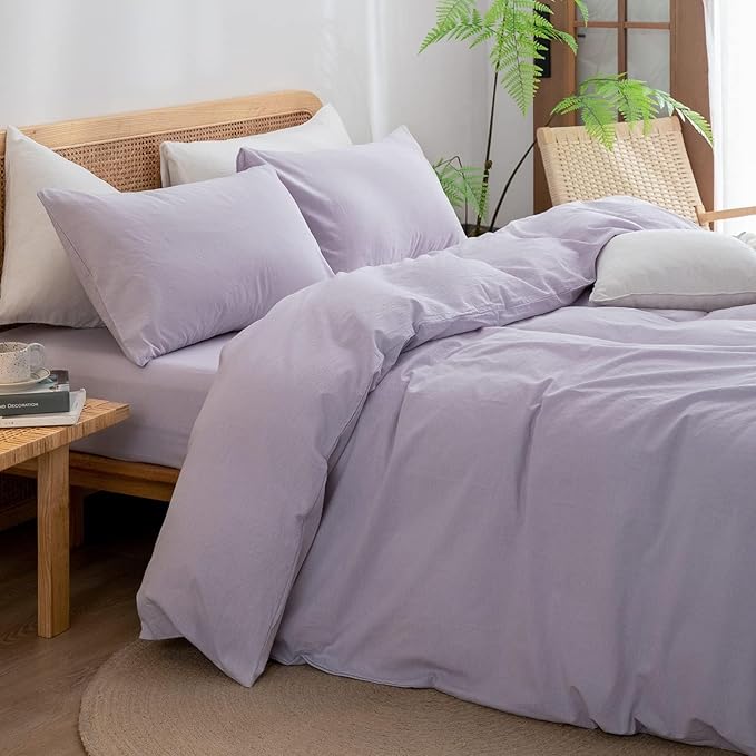 BESTOUCH Duvet Cover Set 100% Washed Cotton Linen Feel Super Soft Comfortable Chic Lightweight 3 PCs Home Bedding Set Solid Taro Purple Super King Plus