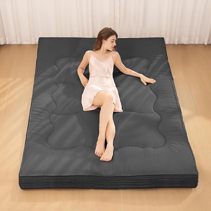 Japanese Floor Mattress, 4" Thicken Futon Mattress Twin Size Sleeping Pad, Corduroy Foldable Floor Pad, Roll Up Tatami Mat for Adults Guest Room Bedroom, Grey