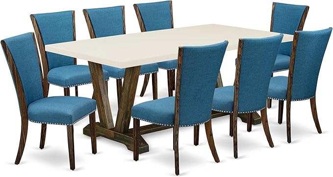 East West Furniture V727VE721-9 9 Piece Dining Set Includes a Rectangle Dining Room Table with V-Legs and 8 Blue Color Linen Fabric Upholstered Parson Chairs, 40x72 Inch, Multi-Color