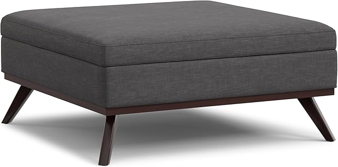 SIMPLIHOME Owen 40 inch Wide Mid Century Modern Square XL Coffee Table Storage Ottoman in Slate Grey Polyester Fabric, Assembled, for The Living Room, Entryway and Family Room