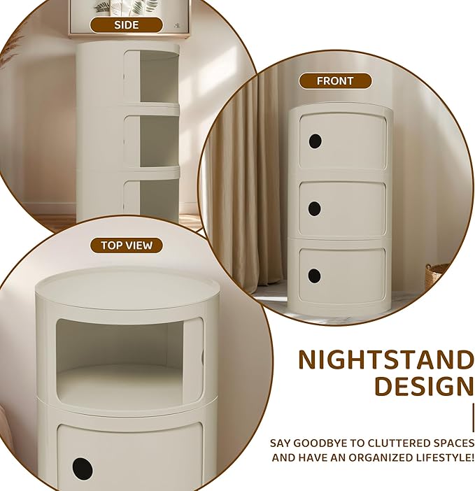 3 Tier Round with Storage, Modern Style Side Table, Multifunctional End Table Storage Cabinet for Living Room, Bedroom, Bathroom (Beige)