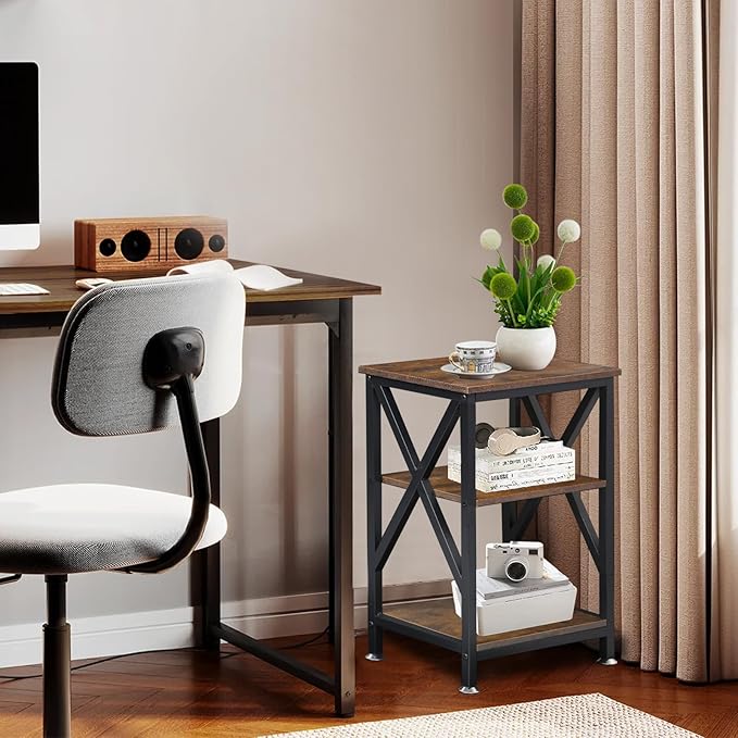 End Tables with Storage Shelf, 12" Deep x 16" Wide x 24" High, Small Side Table 3-Tier, End Tables Living Room Farmhouse, X-Shaped Night Stands for Bedrooms Bedside Tables, End Table Wood and Metal