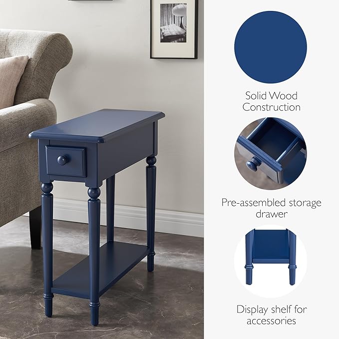 Leick Home Coastal End Table, Solid Wood, 1 Drawer, Bottom Display Shelf, Easy-Assembly, for Living Room/Bedroom, Navy, 23.5 in L x 10 in W x 24 in H, 20017-NV