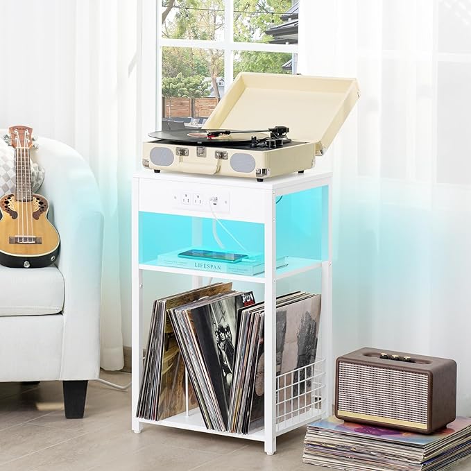 LELELINKY White Night Stand with Charging Station and LED Lights, Record Player Stand with USB Port and Type-C Port, 3 Tier Side Table with Vinyl Storage Shelf, End Tables for Bedroom Small Spaces