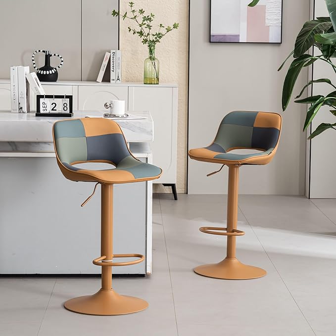 YOUNIKE Bar Stools Set of 2, Boho Colorful Patchwork Barstools, Adjustable Swivel Counter Height Bar Stool Faux Leather Upholstered Barstool with Back, Compact Bar Chair for Kitchen Island, TanGreen