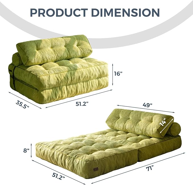 MAXYOYO Folding Sofa Bed, Convertible Sleeper Chair with Pilow Foldable Matress with Back Support, Portable Fold Out Chair Bed for Living Room Bedroom, Green Double