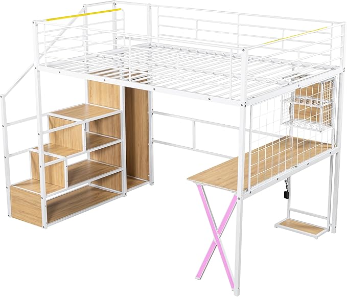 Merax Full Size Metal Loft Bed with Built-in Work Station, Wardrobe, Storage Staircase and LED, Gaming Bed for for Kids Teens Adults, Full-Length Guardrails, No Box Spring Needed, White