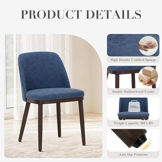 COLAMY Upholstered Dining Chairs Set of 2, Modern Kitchen Chairs with Back, Leather Side Dining Room Chairs with Wood Legs for Kitchen Dining Room Restaurant, Blue