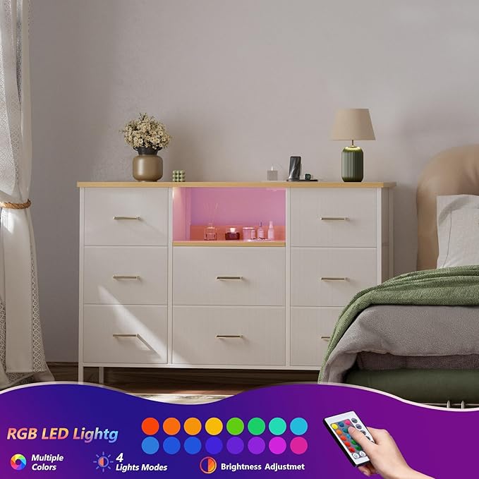 White Dresser with LED Lights and Power Outlets, Dresser TV Stand with 8 Drawers for 55" TV, Fabric Chest of Drawers for Bedroom, Living Room, Entryway
