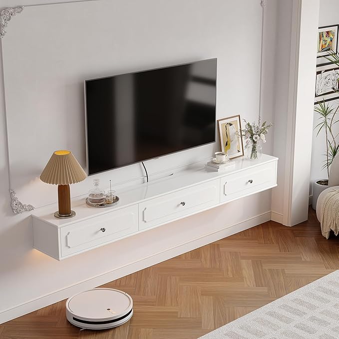 Retro Floating TV Console with 3 Doors,47'' High Gloss Floating TV Stand,Wall Mounted TV Cabinet,Contemporary Floating Media Console for Under TV Storage,Living Room,Bedroom(White)