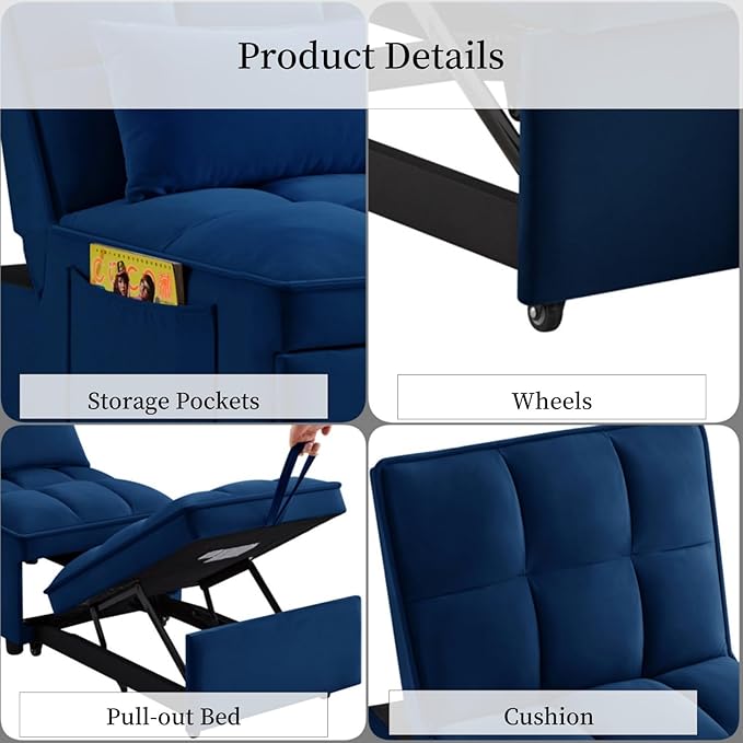 KEIKI Velvet Single Convertible Sleeper Chair Sofa Bed with Adjustable Backrest, Pillows & Storage Pockets, 3 in 1 Pull-Out Couch Chaise Lounge Recliner for Living Room Balcony Bedroom, Navy