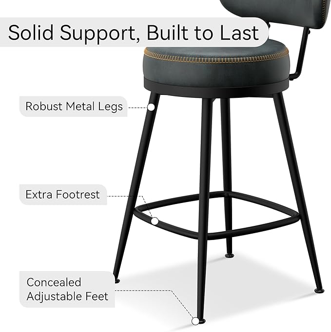 Counter Height Bar Stools, 26" H Swivel Barstools Set of 4, Faux Leather Kitchen Counter Stools with Back and Stylish Stitching, Metal Frame, Pub, Home Bar, Balck Green