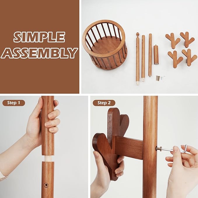 CozyDH Solid Wood Coat Rack Freestanding with Lockable 360° Rotary Casters, Coat Tree Stand with Umbrella Holder & Laundry Basket Storage & 12 Hooks, Walnut