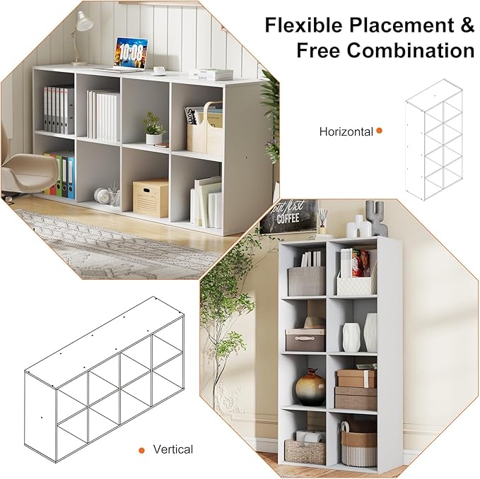 Sweetcrispy 8 Cube Storage Organizer - Open Cube Bookshelf with 4 Removable Back Panels, Display Storage Bookcase for Living Room, Bedroom, Entrance Hall, Home Office，47.7" L×11.6" W×24" H, Beige