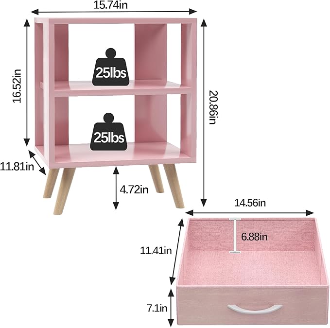 Night Stand, Pink Kids Nightstand with Drawer, Nursery Side Table with Open Storage, 2-Tier Modern End Table, Bedside Table for Small Space, Living Room, Bedroom
