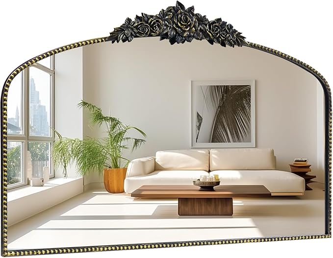 Antique Arched Black Mirror 48"x30", Traditional Victorian Vintage Mantel Mirrors with Ornate Metal Frame, Baroque Mirrors for Fireplace/Entryway/Dining Room/Living Room/Bathroom