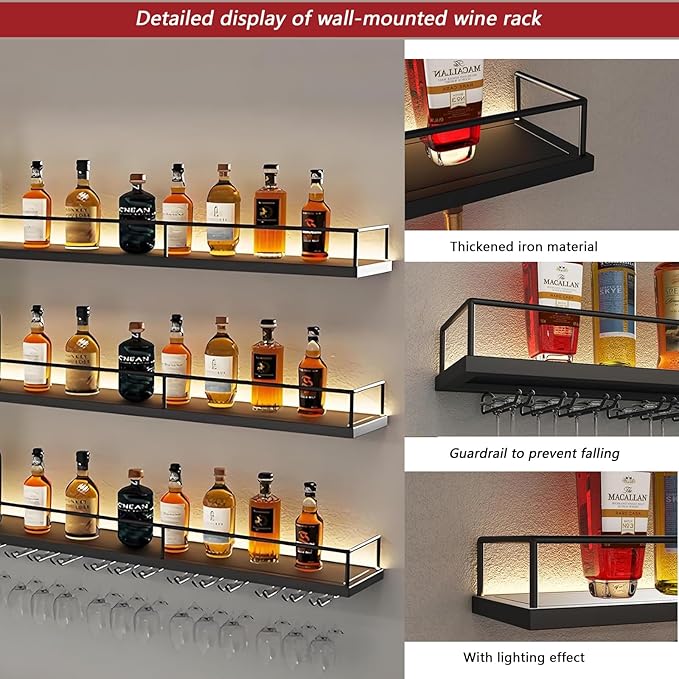 Wall-Mounted Metal Wine Rack with LED Lights 3-Tier Floating Bar Shelves with Wine Glass Rack Large Wine Bottle Display Rack Hanging Shelf, for Home Bar Dining Room Decorative (Black, 120cm/47.2in)