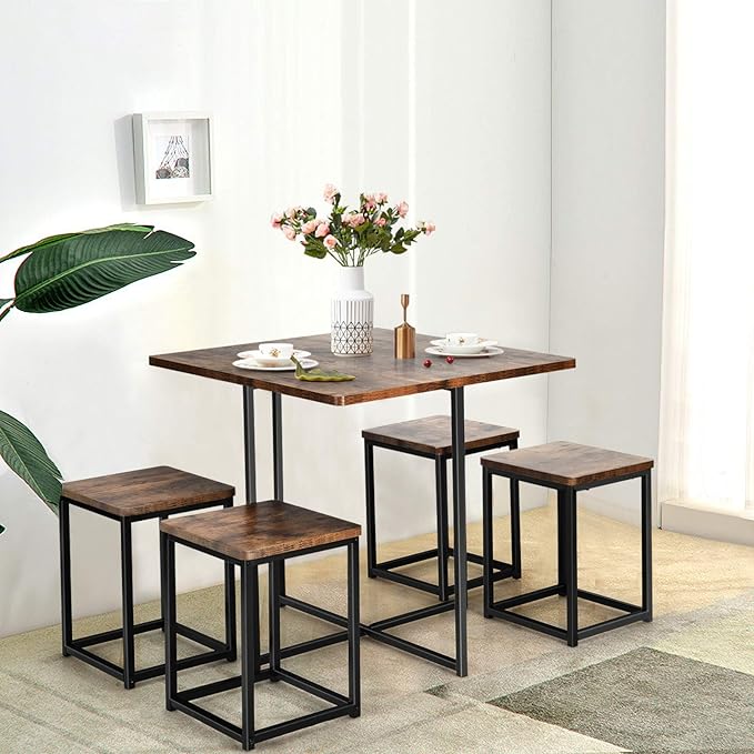 Giantex 5 Piece Dining Table Set, Dining Set for 4 with Square Stools, Small Kitchen Table Set with Metal Frame, Compact Design for Small Space, Home Kitchen Bar Pub Apartment