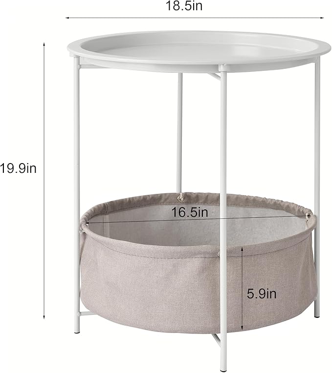 VECELO Round Side/End Table with Fabric Storage Basket，Metal Anti-Rust and Waterproof Small Bedside Nightstand with Removable Tray Top for Living Room，Balcony & Laundry，Beige/1pcs with Basket