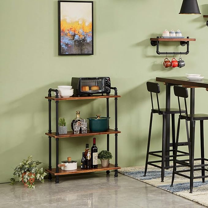 Industrial Bookshelf, 3 Tier Pipe Shelving, Industrial Pipe Shelf - Rustic Brown, 29.5" L x 11.8" W x 39" H