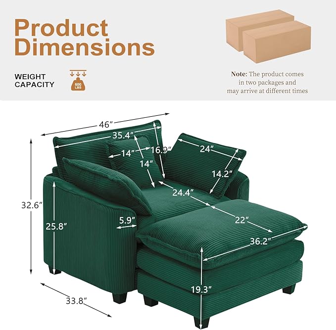 Furniliving Oversized Accent Chair with Ottoman, Luxury Corduroy Single Sofa, Upholstered Deep Seat Chaise Lounge with Pillows for Living Room, Bedroom, Apartment, Green