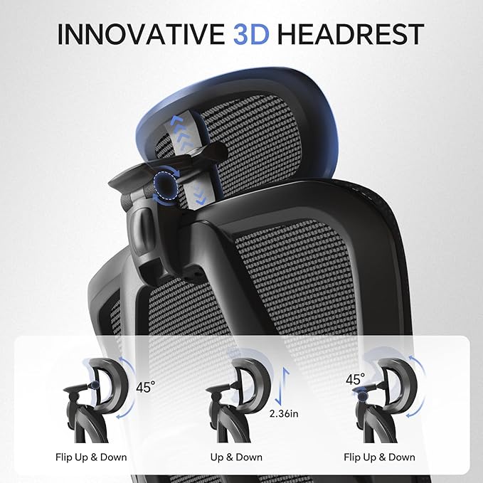Ergonomic Office Chair with 3D Lumbar Support/Headrest/Armrest/, Mesh Executive Office Chair with Seat Depth & Height Adjustment, Big and Tall Desk Chair with 3-Gear Lock Recline for Long Hours