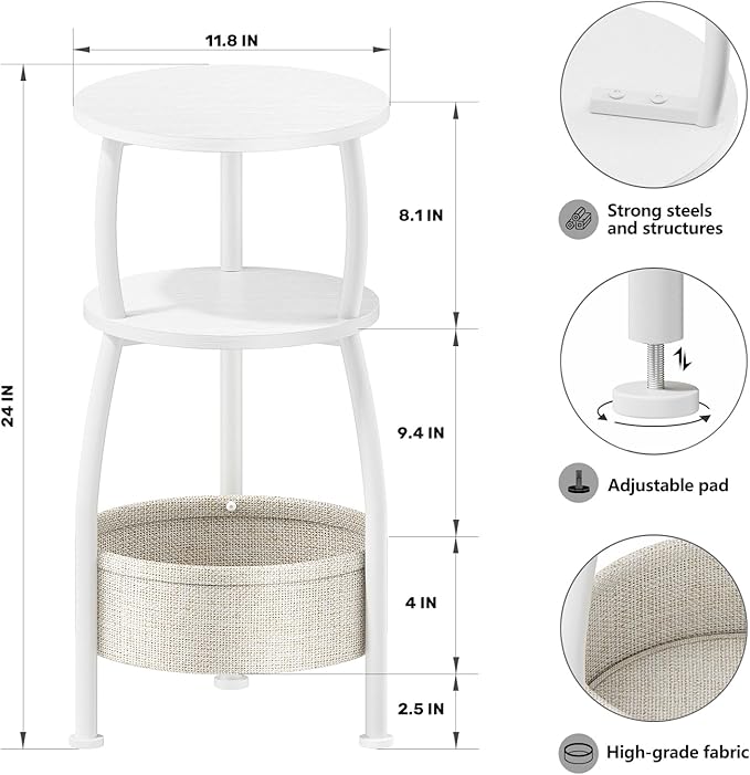Small Round Side Table for Living Room with Storage Basket –Small Space Saving End Table 3-Tier Nightstand Couch Corner Stand Bedroom, Garden and More 24in Tall Matte White