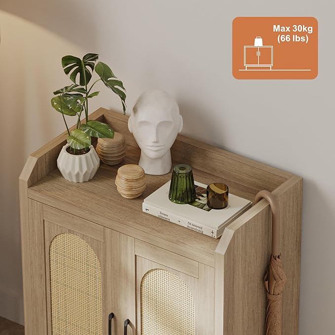 Shoe Cabinet Storage for Entryway, Rattan Storage Cabinet, Wooden Shoe Rack with Doors, Farmhouse Boho Wood Shoe Organizer Cabinet for Hallway (Oak)