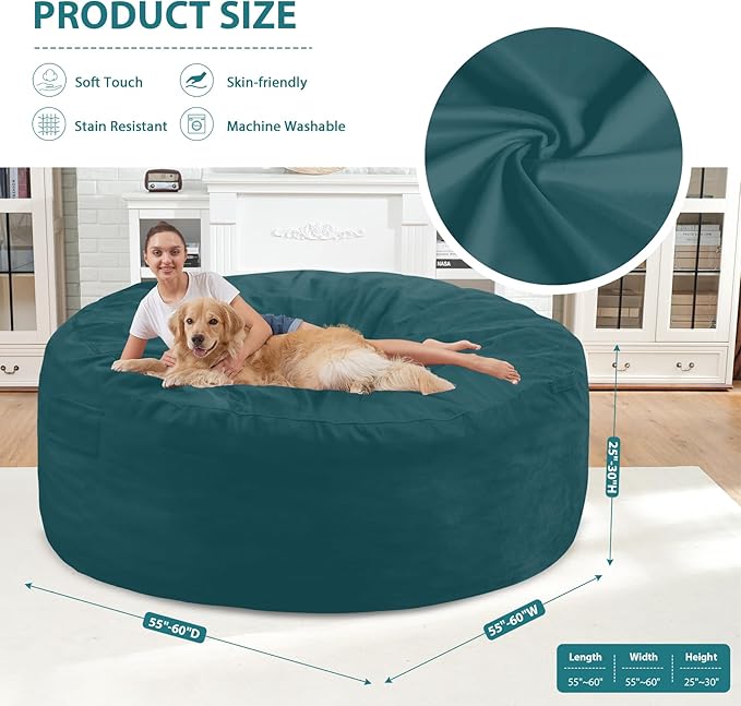 6FT Bean Bag Chair, Large Bean Bag Chairs with Memory Foam Filled, Fluffy Beanbag Sofa with Dutch Velvet Cover, Round BeanBag Chairs for Living Room, Playroom - Sea Blue