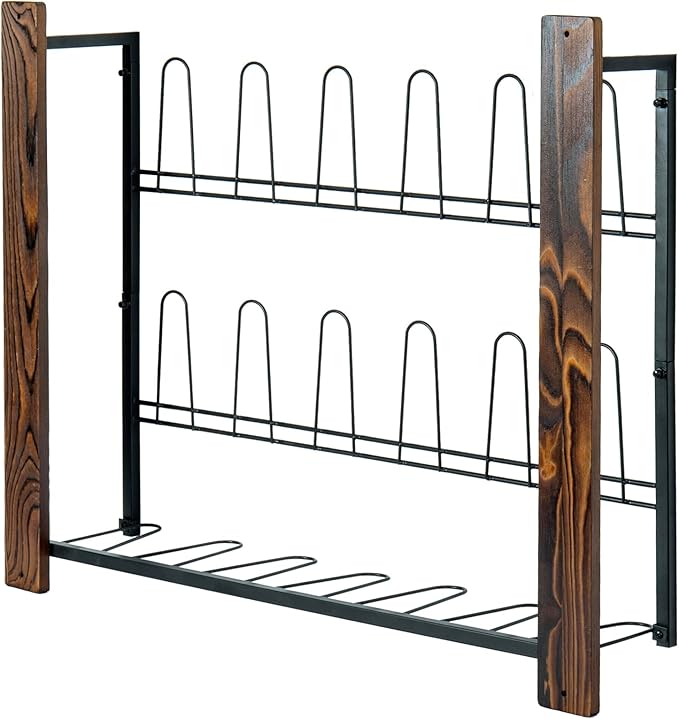 MyGift Premium Black Metal Hanging Wall Shoe Rack for Walk in Closet, Mudroom and Entryway, Wall Mounted Space Saving Boot and Shoe Rack Organizer, Holds 9 Pairs (Solid Wood, 9 Pairs)