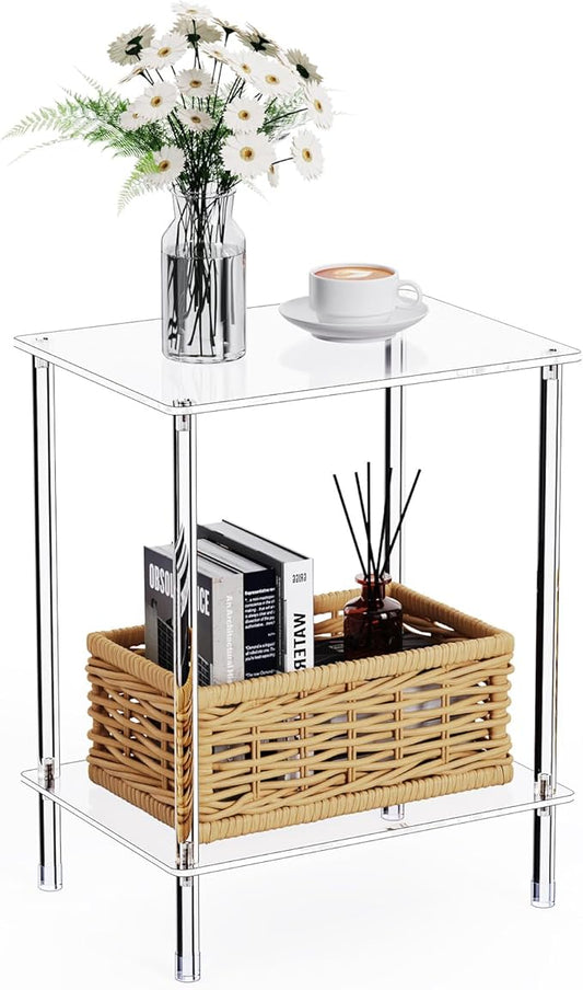 Clear Acrylic Side Table, 2-Tier End Table for Living Room, Small Modern Bedside Tables Nightstand for Bedroom, Home Decor Accent Table, 15.7" L x 11.8" W x 19.82" H, Clear