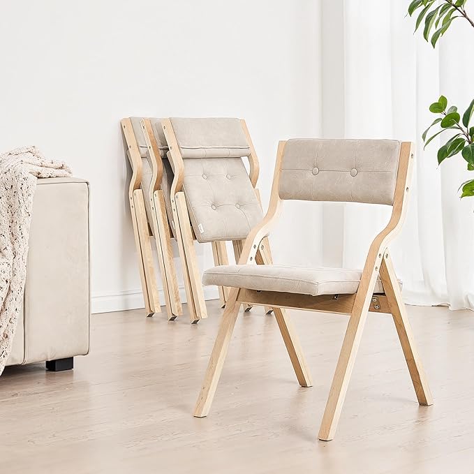VEVOR Wooden Folding Chairs with Cushion, Set of 4, Portable Foldable Cushion Chair with Wooden Frame, Modern Padded Dining Chair for Kitchen, Office, Wedding, Party, Dining Room, Easy Assembly, Beige
