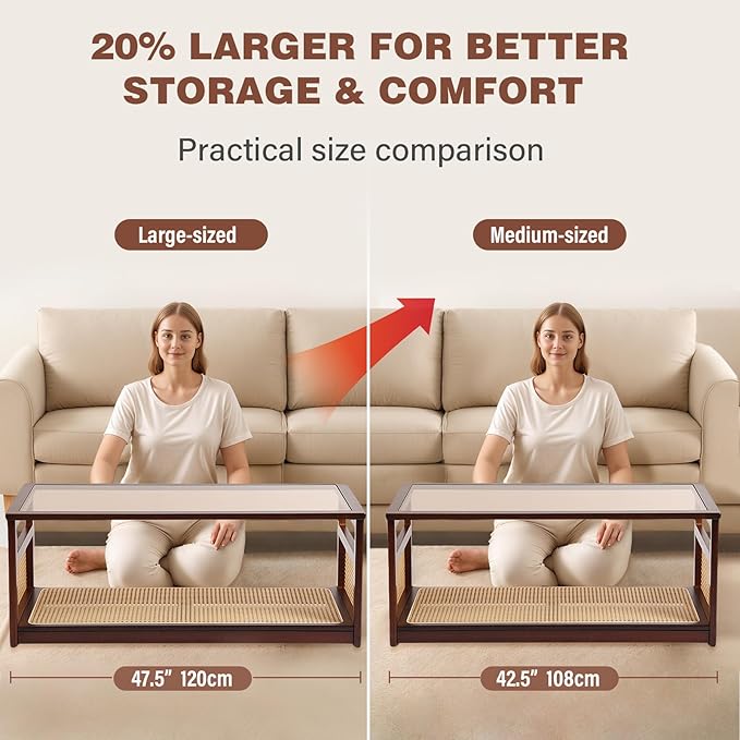 Welnow Rattan Coffee Table for Living Room, Modern 2-Tier Rectangle Center Table with Storage Shelf and Glass Top, Mid-Century Boho Furniture for Apartment, 47.5" Walnut