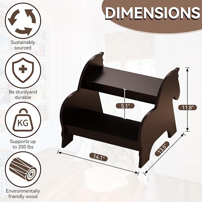 Wood Step Stools for Kids, Child Two Step Stool of Horse Shape, Toddler Step Stools Potty Training Stool, Easy to Move Safety for Kitchen, Bathroom, Bedroom, Toilet