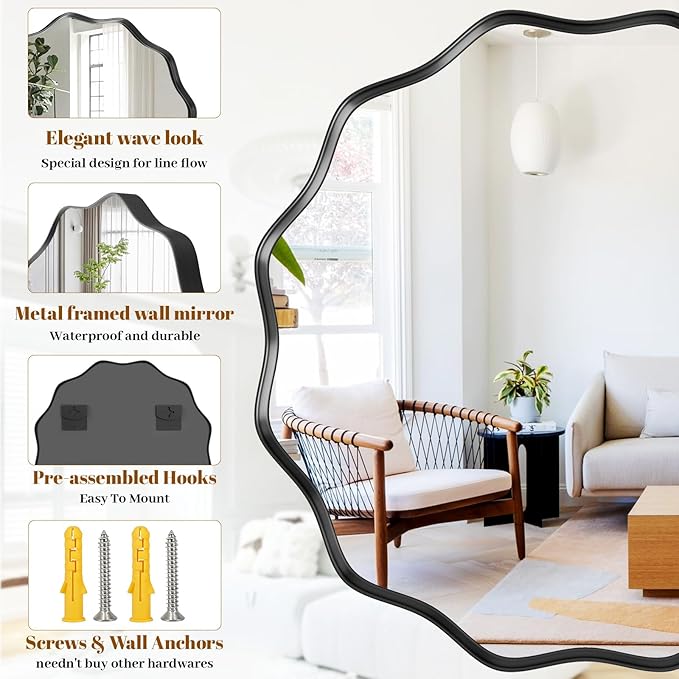 Round Wavy Mirror, 24 Inch Metal Frame Circle Mirror, Round Wall Mounted for Entryway, Bathroom, Vanity, Living Room, Black