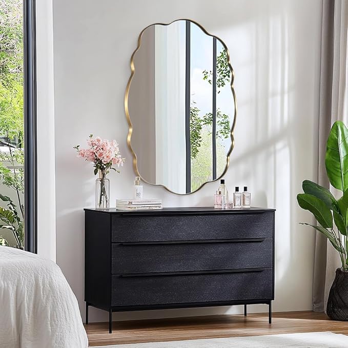 ANDY STAR Brushed Gold Scalloped Mirror - 24x32 Bathroom Mirror, Vintage Oval Wavy Wall Mirror, Brass Anti-Rust Stainless Steel Frame, Hang Vertical or Horizontal