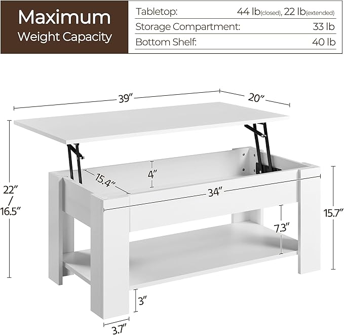 Yaheetech Lift Top Coffee Table w/Hidden Storage Compartment and Storage Shelf - Lift Tabletop for Living Room Reception Room, White